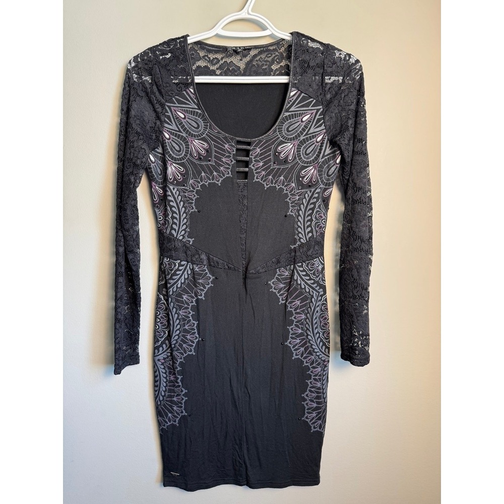KARV Long Lace Sleeve Knee Length Dress Black XS Gothic‎ Boho Witchy Alt Grunge